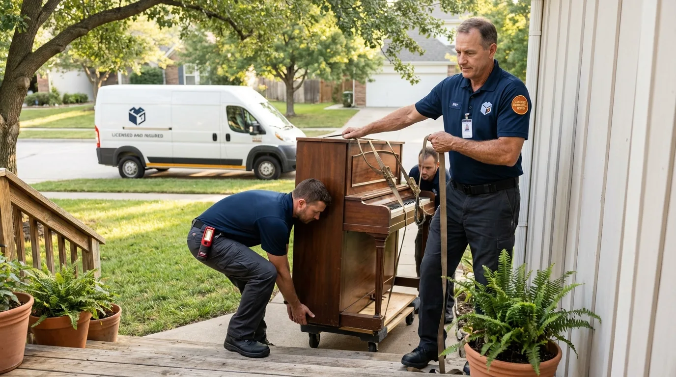 Licensed piano movers securing grand piano in Clinton, SC