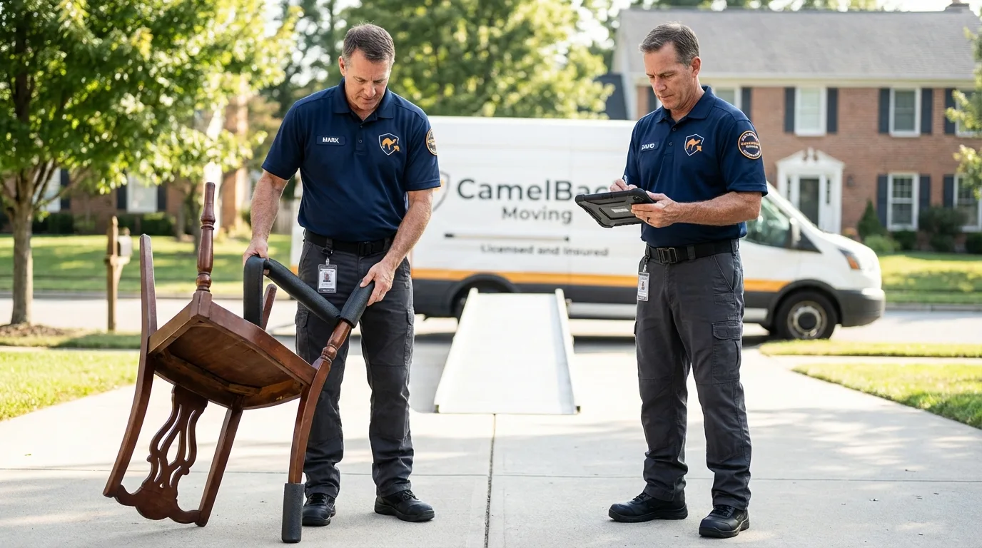 Movers inspecting furniture for damage prevention before loading in Clinton, SC