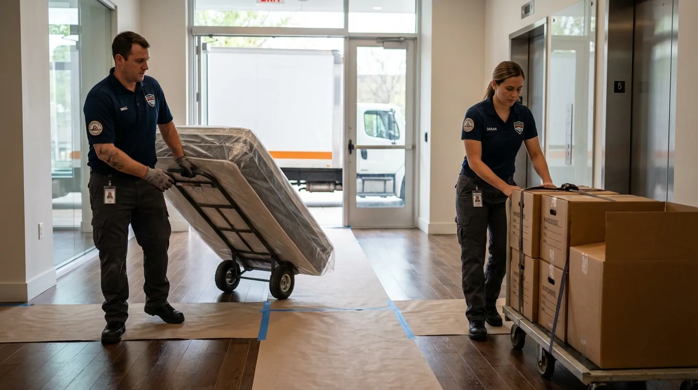 Professional apartment movers loading elevator in Clinton, SC